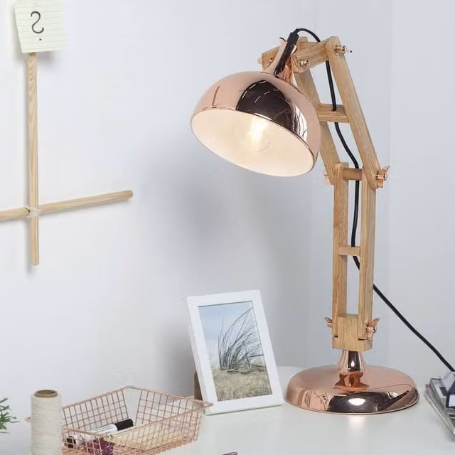 Wyld and Coco Copper and Wood LED Desk Lamp with Adjustable Swing Arm