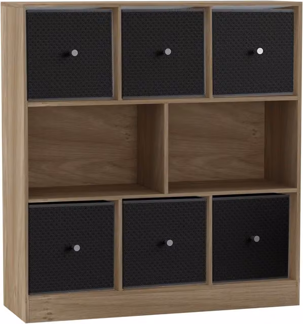 URBNLIVING 8 Cube Oak Bookcase with 6 Black Fabric Storage Drawers