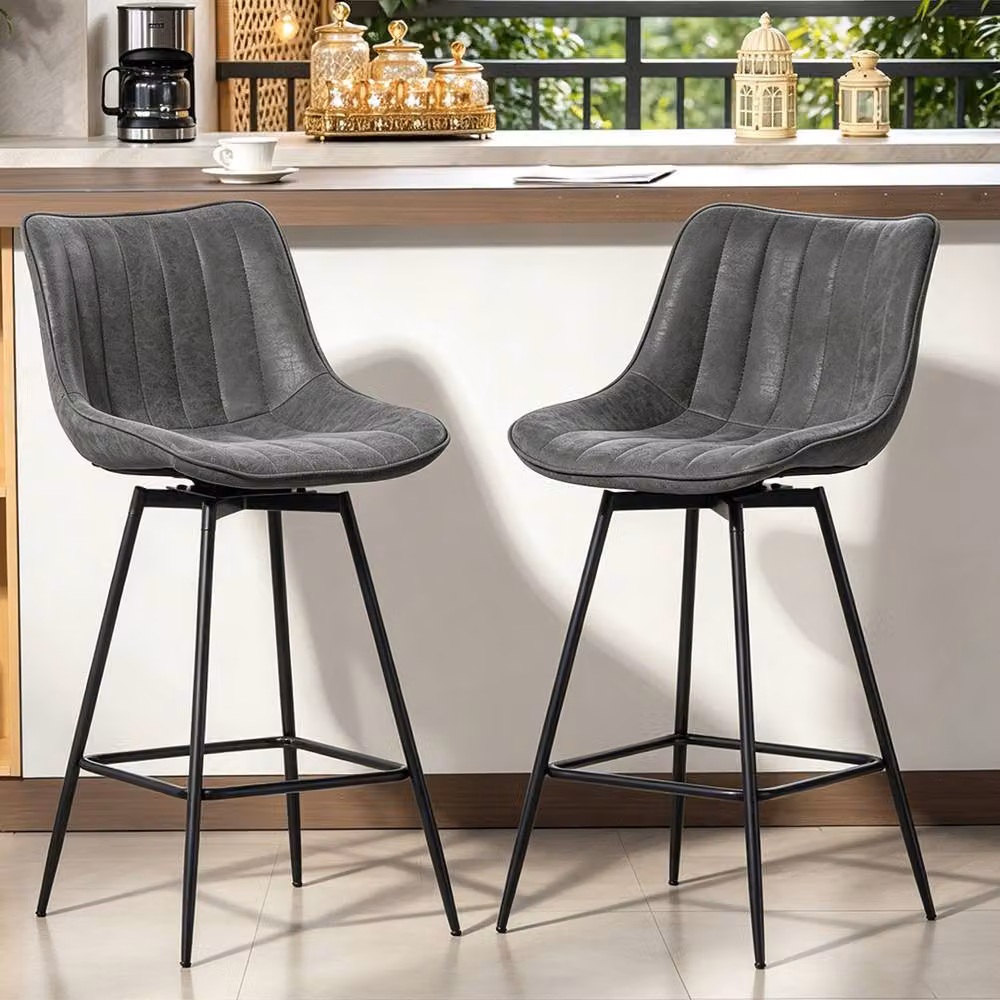 ERGOVEXA Set of 2 Grey PU Leather Swivel Bar Stools with Backrest – 3