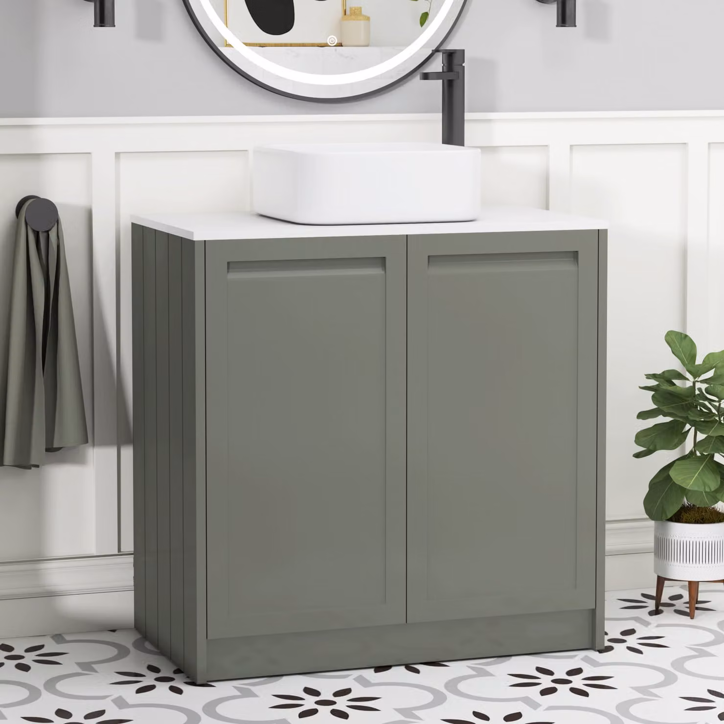 Royal Bathrooms Elmore 800mm Matt Green Floor Standing 2 Door Vanity Unit with Plain White Worktop and Elena Basin