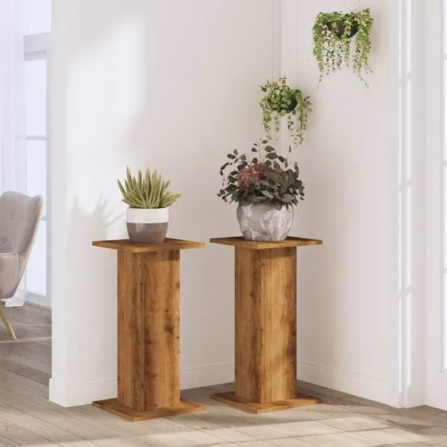 Berkfield Home Set of 2 Artisan Oak Plant Stands in Brown, W/D/H: 30 x 30 x 60 cm