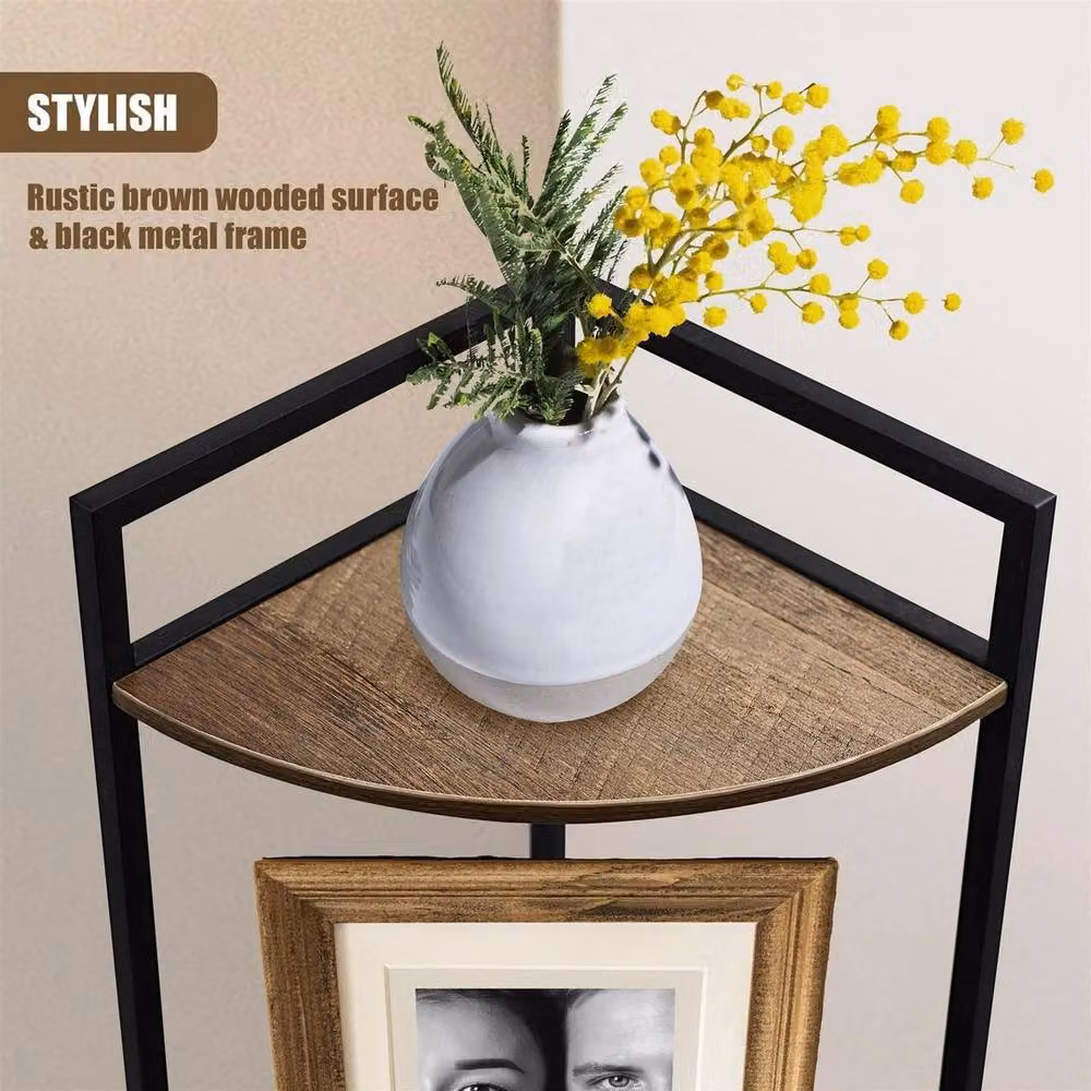 EONLION 3 Tier Freestanding Corner Shelf Unit in Brown and Black Wood and Metal – 5
