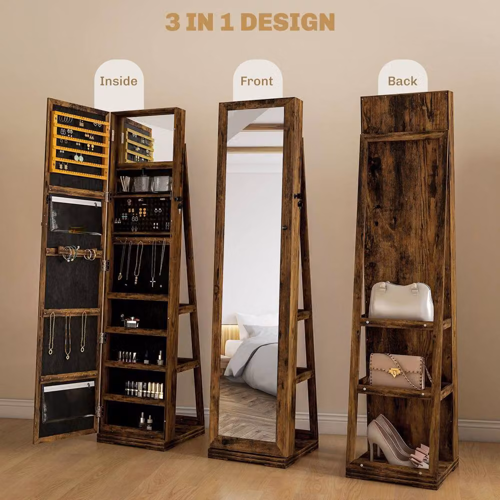 STILVORA Jewellery Cabinet with Mirror, Internal Shelves and Lock, Rustic Brown – 7