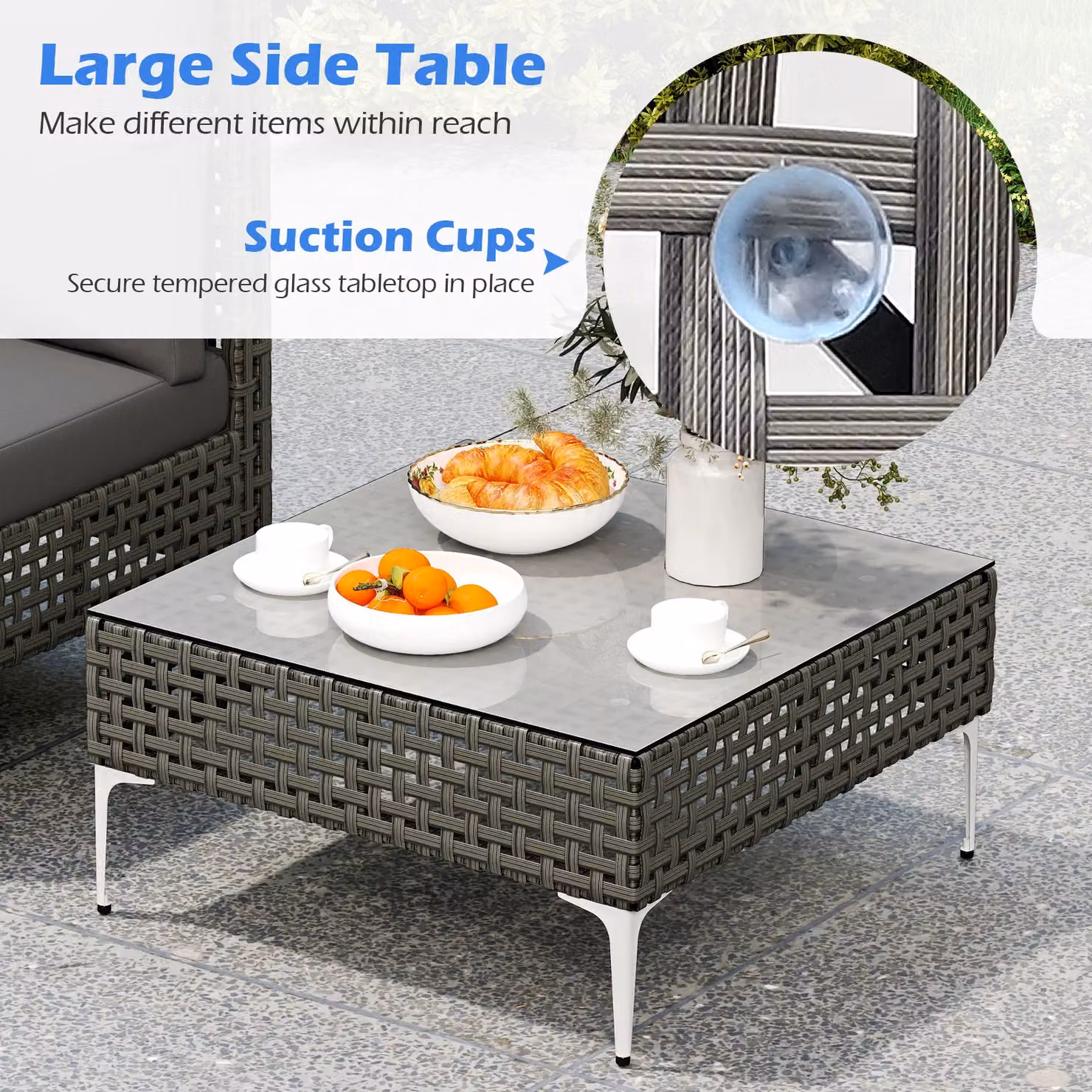 Gymax 3 Piece Grey PE Rattan Patio Bistro Set with Metal Coffee Table – 6
