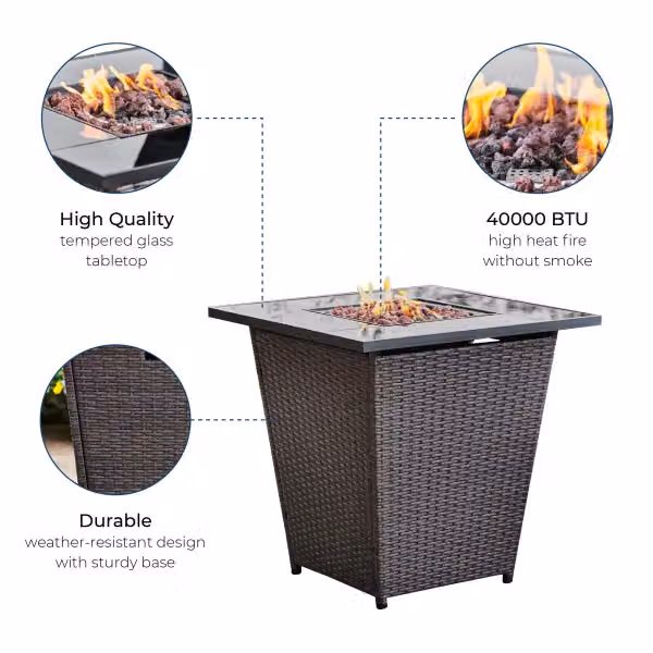 Teamson Home Modern Brown Rattan Outdoor Propane Gas Fire Pit Tall Table with Lava Rocks and Cover – 3