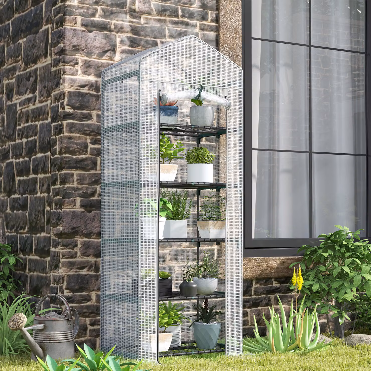 Outsunny Five Shelf Mini Freestanding Greenhouse with Roller Shelving, White, H 193 x W 69 x D 69 cm – 2