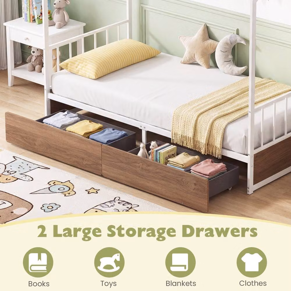 Costway Single Size Metal Platform Bed Frame with 2 Drawers, Headboard and Footboard in White – 3