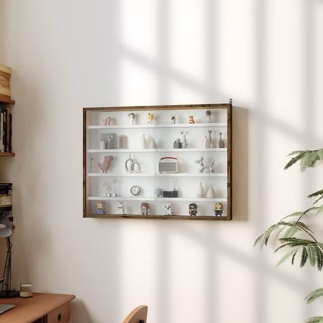 HOMCOM 5-Tier Wall Mounted Display Shelf Unit with Glass Doors in Brown