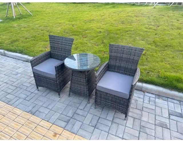 Fimous 3-Piece PE Rattan Garden Bistro Set in Dark Grey with Metal and Glass Details