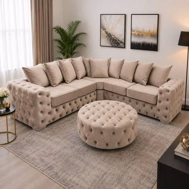 Stratus Interiors Ashley Luxe Chesterfield Scatter Back L-Shape Sofa in Light Beige – 1