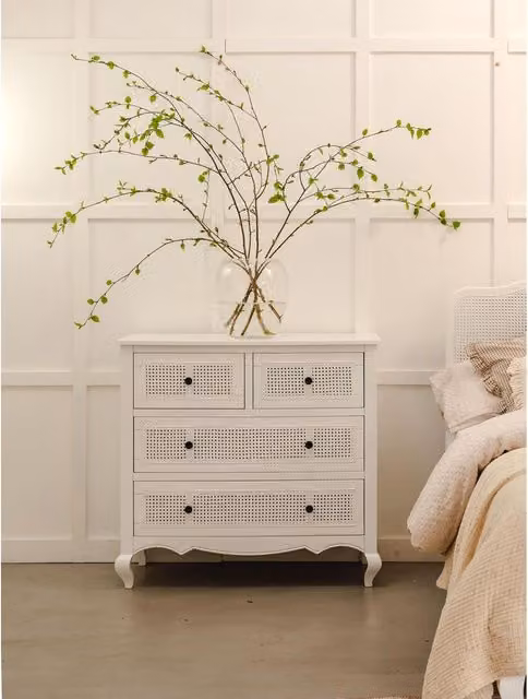 Louis French 2 over 2 Chest of Drawers in White Oak and Rattan