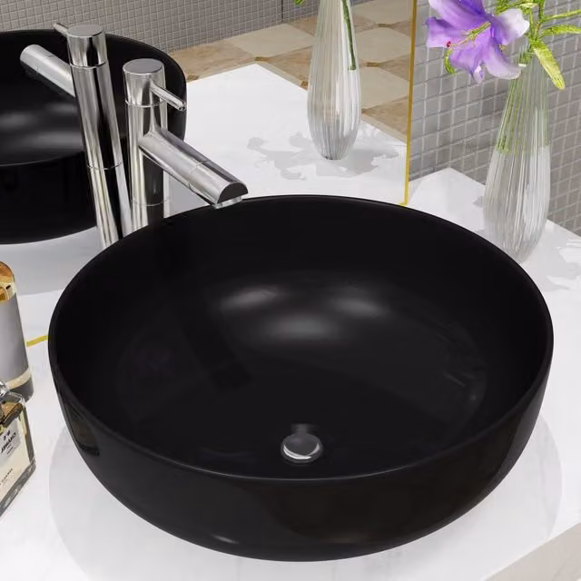 Berkfield Home Round Ceramic Basin in Black, W: 41.5 cm, D: 13.5 cm