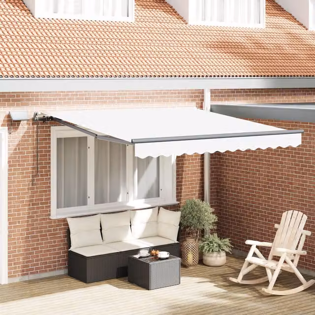 Berkfield Home Manual Retractable Wall-Mounted Garden Awning with LED in White, W: 350 cm, D: 250 cm