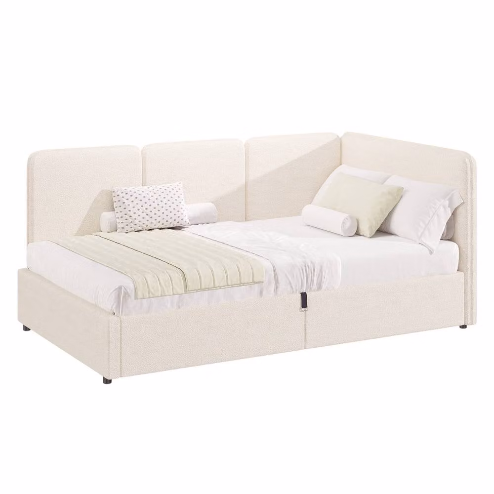 ModernLuxe Single Upholstered Ottoman Daybed with Reversible Asymmetric Chaise in Beige Bouclé Fabric, W/D/H: 90 x 190 x 76.5 cm – 2