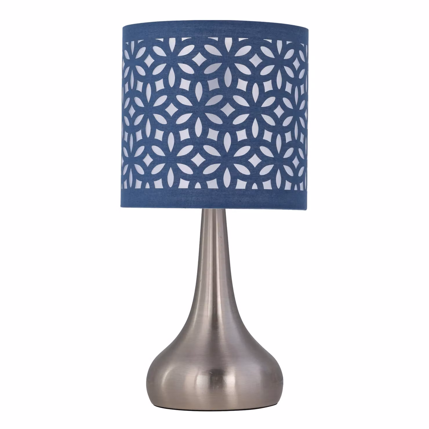 First Choice Lighting Romana Set of 2 Brushed Chrome Touch Table Lamps with Navy Blue Fabric Shades – 2