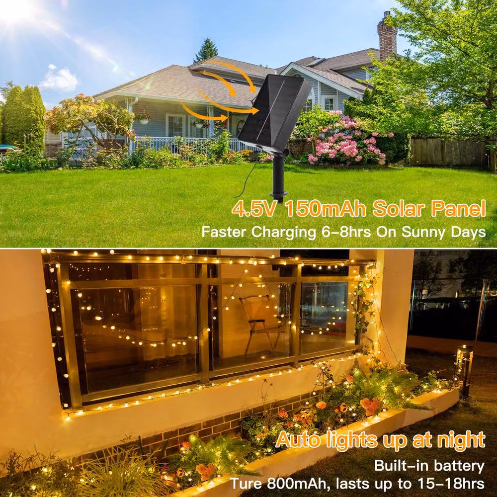 Ollny Warm White Solar String Lights with 100 LEDs, 12m Length, IP44 Waterproof, 8 Modes and Auto On/Off in Black – 3