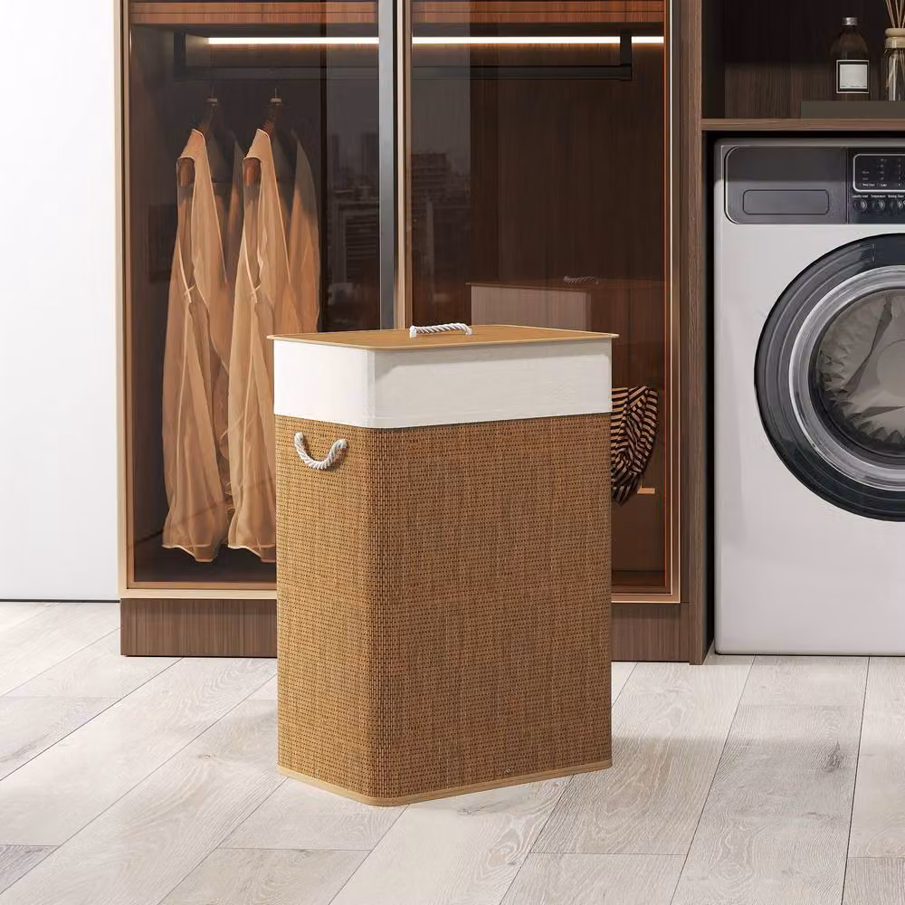 STILVORA 72L Bamboo Laundry Basket with Lid and Washable Liner in Brown – 2