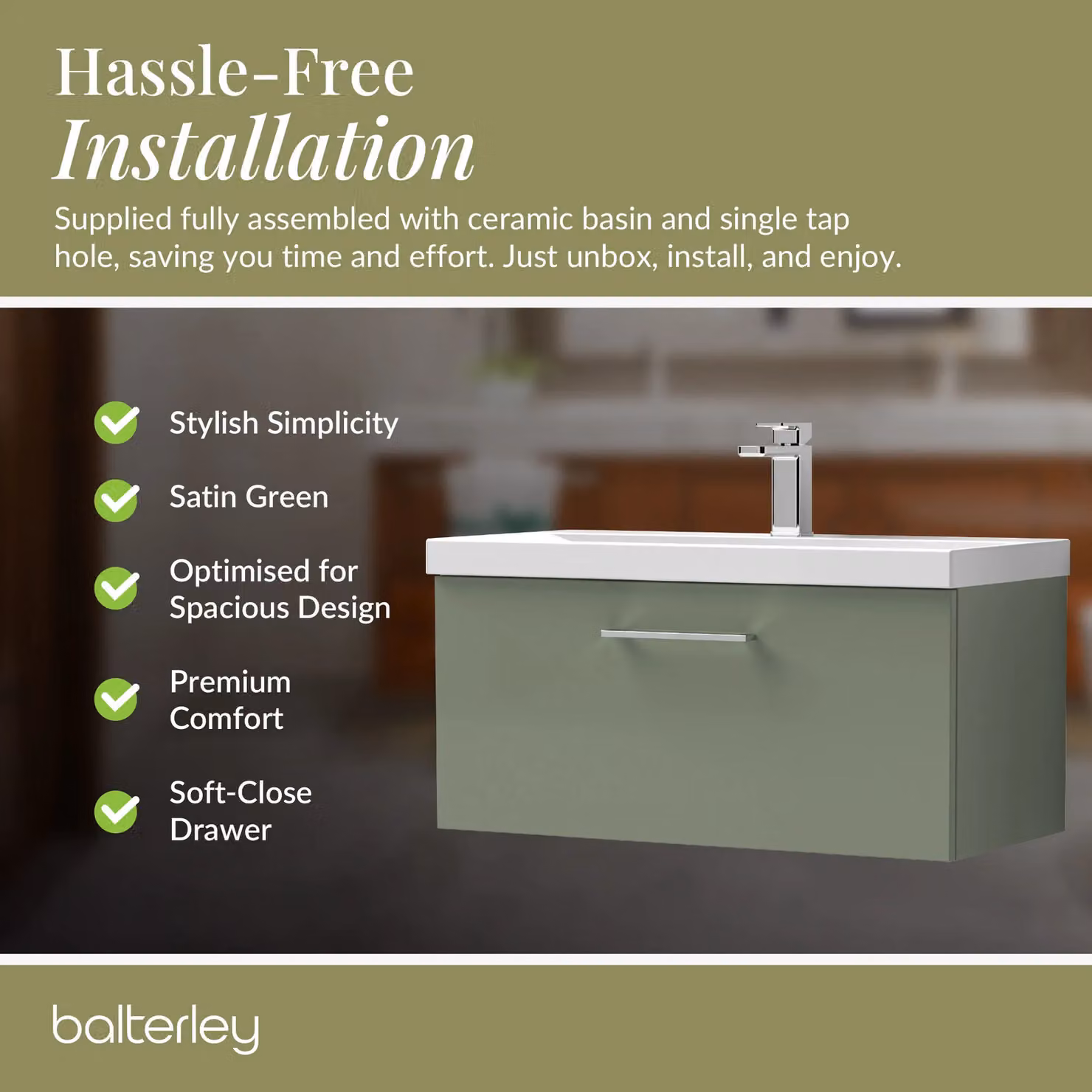 Balterley Modern Wall Hung Bathroom Vanity Unit with 2 Soft Close Drawers, Satin Green, Width: 61 cm – 3
