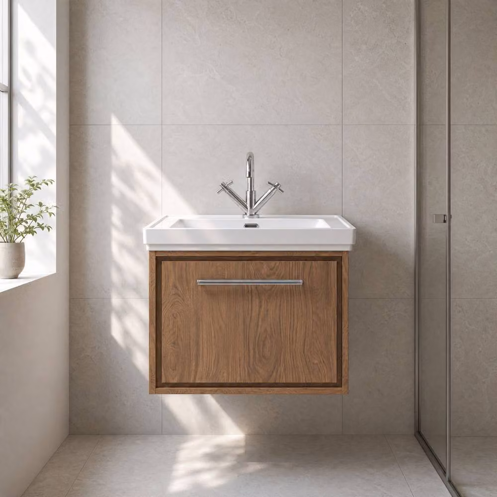 Balterley Wall Mounted Single Drawer Bathroom Vanity Unit with Basin in Antique Oak Brown W/D/H: 63 x 47.1 x 49.7 cm – 4