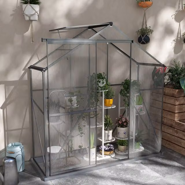 Outsunny Grey Walk-In Polycarbonate and Aluminium Gable Greenhouse with Sliding Doors