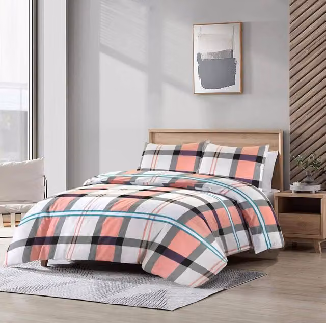Homes-Linen Pink Checked Duvet Cover Set, W: 200 cm x H: 200 cm
