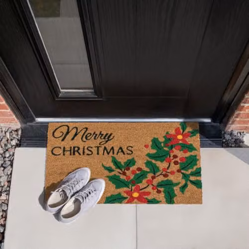 JVL Christmas Holly Coir and PVC Doormat, Green, W: 40 cm, D: 58 cm – 2
