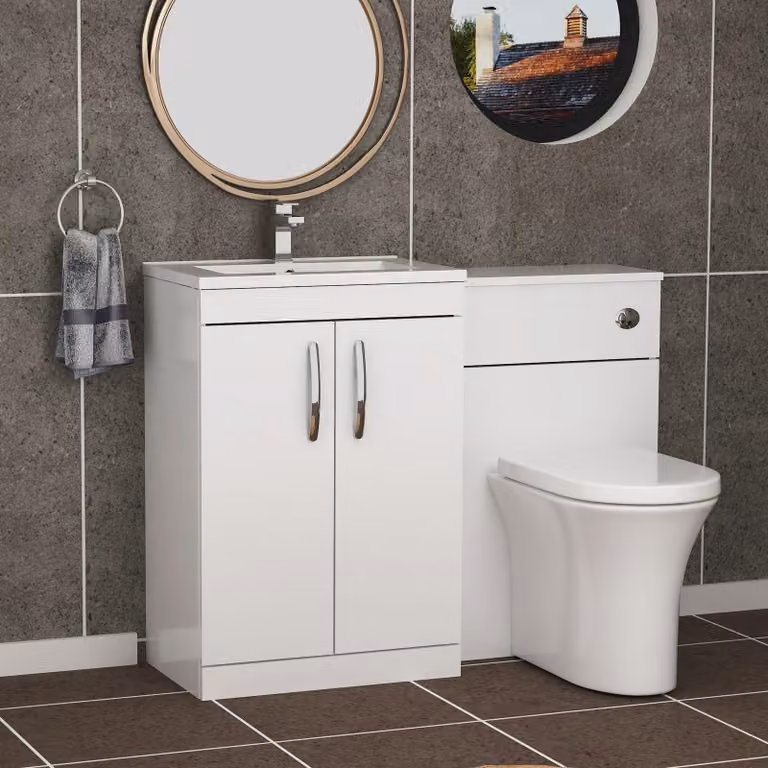 Royal Bathrooms Gloss White 2 Door Vanity Unit Pack with Minimalist Basin and Breeze Back to Wall Toilet, Width: 110 cm