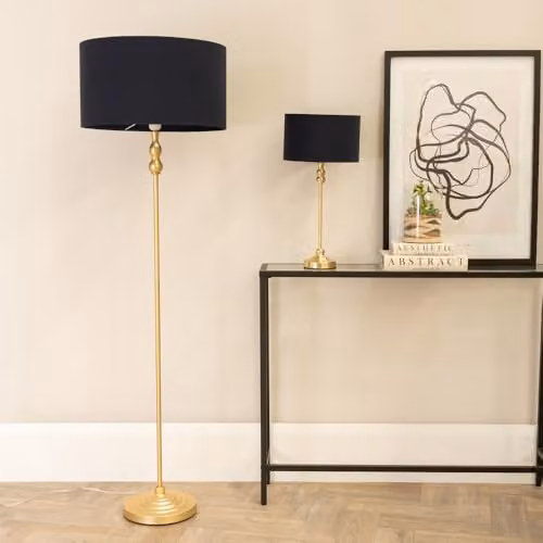 ValueLights Gold Metal Candlestick Floor Lamp with Black Fabric Drum Shade and Included LED Bulb – 2