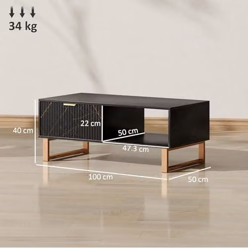 HOMCOM Modern Black and Gold Rectangular Coffee Table with Metal Frame – 3