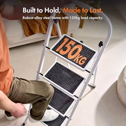 VonHaus 4-Step Steel Folding Step Ladder in White with 150kg Max Capacity – 2