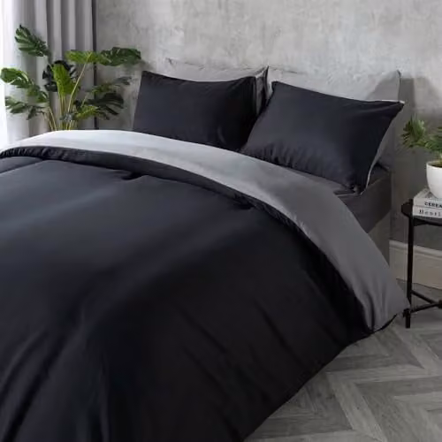 Brentfords Reversible Plain Dyed Microfibre Duvet Cover and Pillowcase Set, Black and Grey, W: 230 cm, H: 230 cm, L: 220 cm – 1
