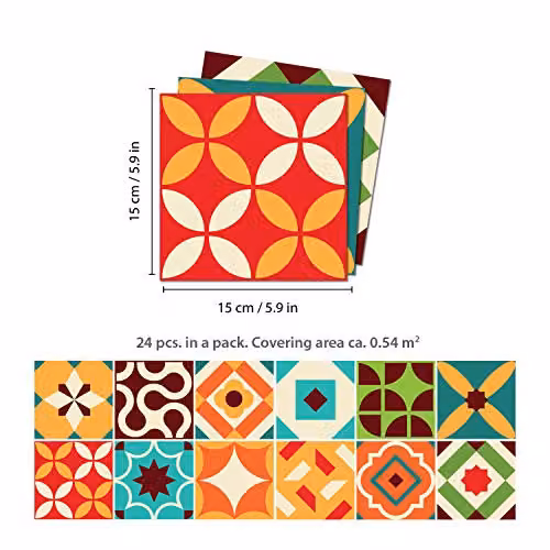 WALPLUS Ziggy Retro Geometric Tile Stickers, Multicolour Self Adhesive Waterproof Decals for Kitchen and Bathroom Splashbacks, 24 Pieces, W/D/H: 15 x 15 x 0.18 cm – 3