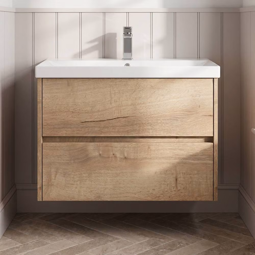 Balterley Chartley 2 Drawer Wall Hung Vanity Basin Unit, Autumn Oak, Brown, Width: 80 cm – 2