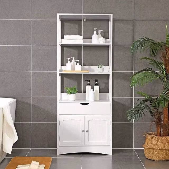 The Bazaarist Modern White Bathroom and Kitchen Storage Cabinet with Drawer, Cupboard and Open Shelves