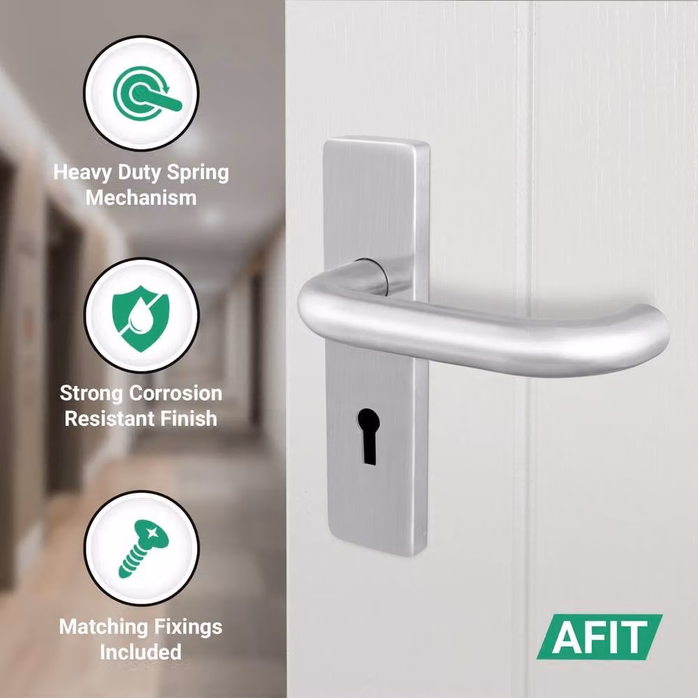 AFIT Satin Steel Return to Door Lever Backplate and Key Lock Kit in Silver, W/D/H: 150 x 150 x 15.3 mm – 2