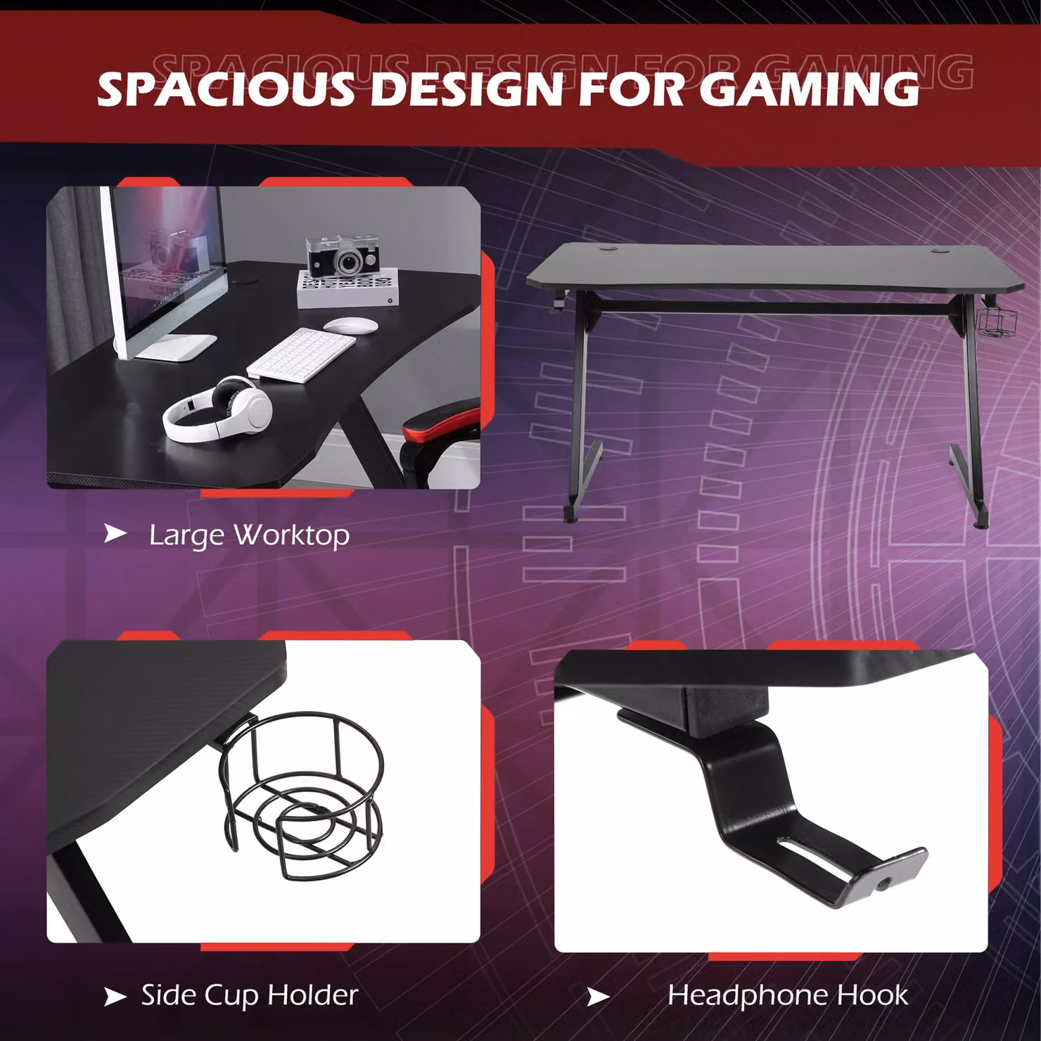 HOMCOM Black Gaming Desk with Steel Frame, Cup and Headphone Holder, and Cable Tray – 3