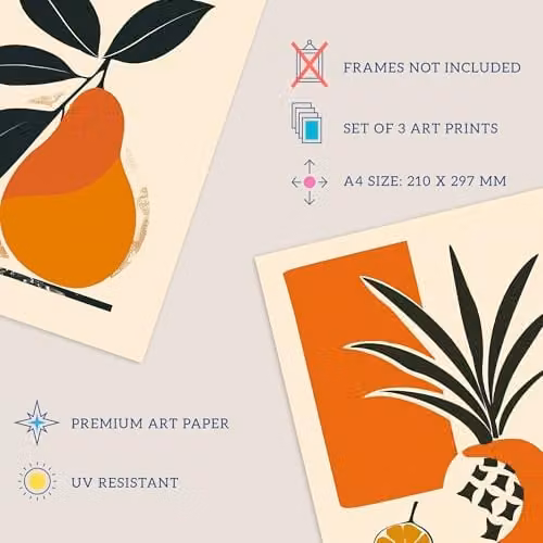 Wee Blue Coo Set of 3 Summer Fruit Boho Mid Century Kitchen Wall Art Posters, Orange and Blue, W: 21.0 cm, H: 29.7 cm – 3