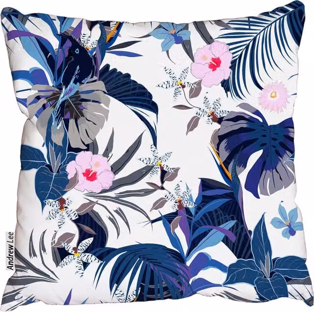 Andrew Lee Floral Modern Square Cushion in Blue, W/D/H: 60 x 60 x 1 cm