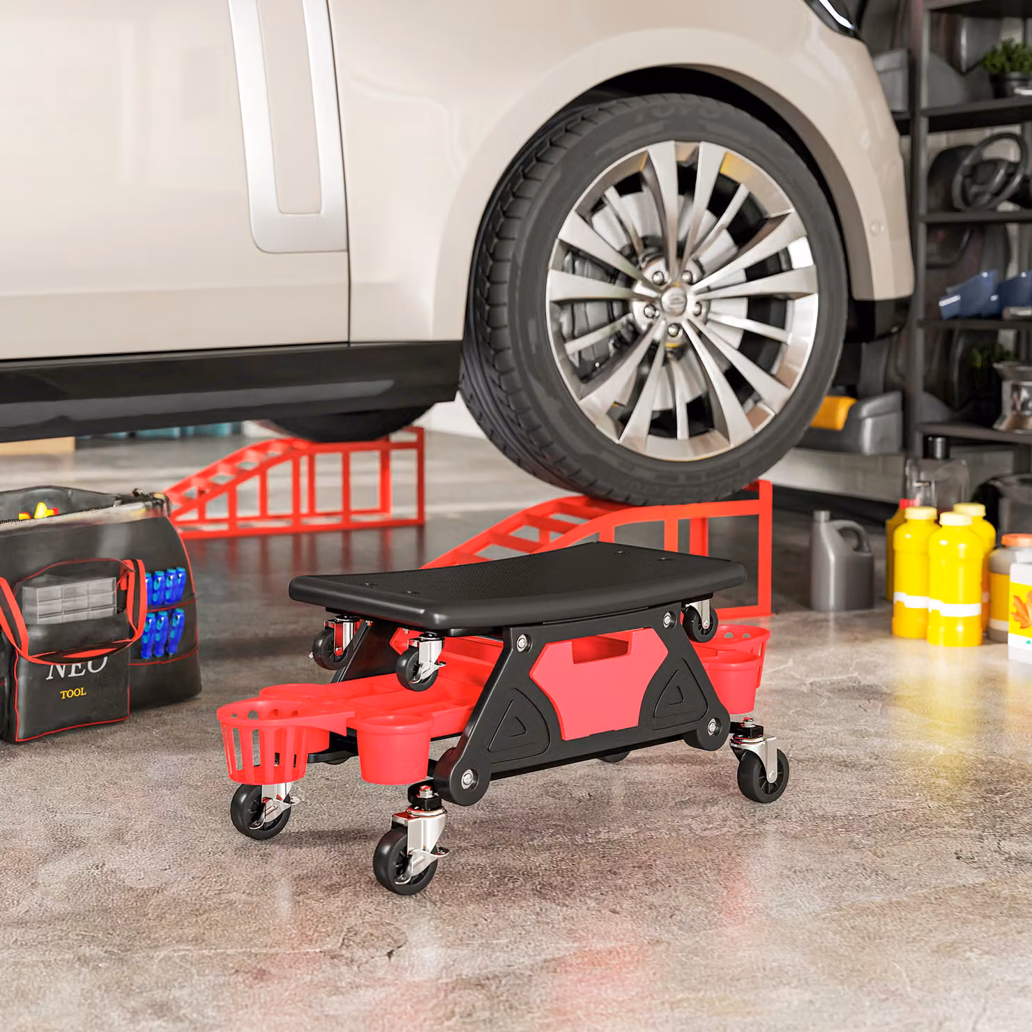 HOMCOM Red Rolling Mechanic Stool with 360 Degree Swivel Wheels and Tool Trays – 7