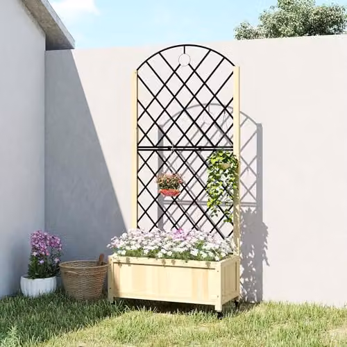 Outsunny Wooden Raised Garden Bed with Metal Trellis and Lockable Wheels, Natural Brown – 5