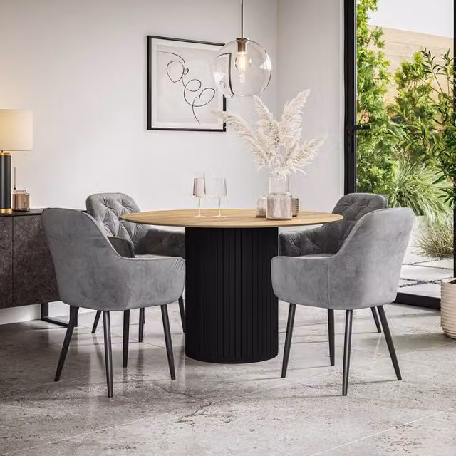 More4Homes Arlo Oak Round Dining Table with Black Legs and Set of 4 Anika Grey Velvet Dining Chairs, W: 120 cm, H: 75 cm – 1