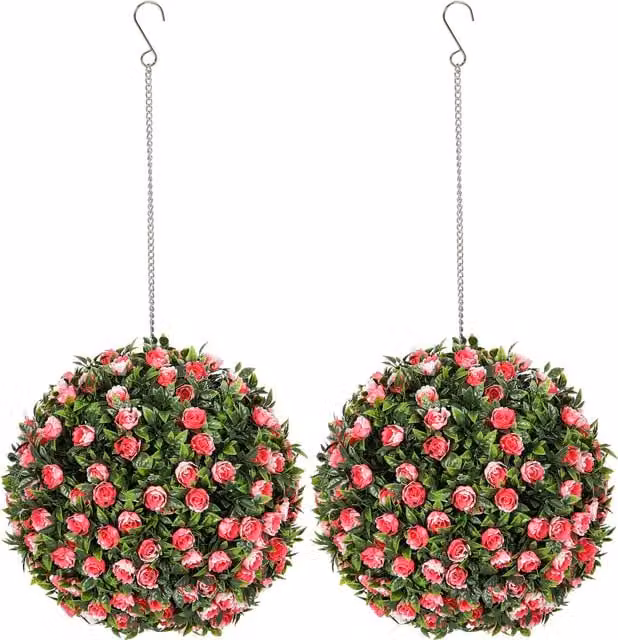 HOMCOM Set of 2 Pink Artificial Rose Ball Topiary Plants, UV-Protected, Diameter: 28 cm