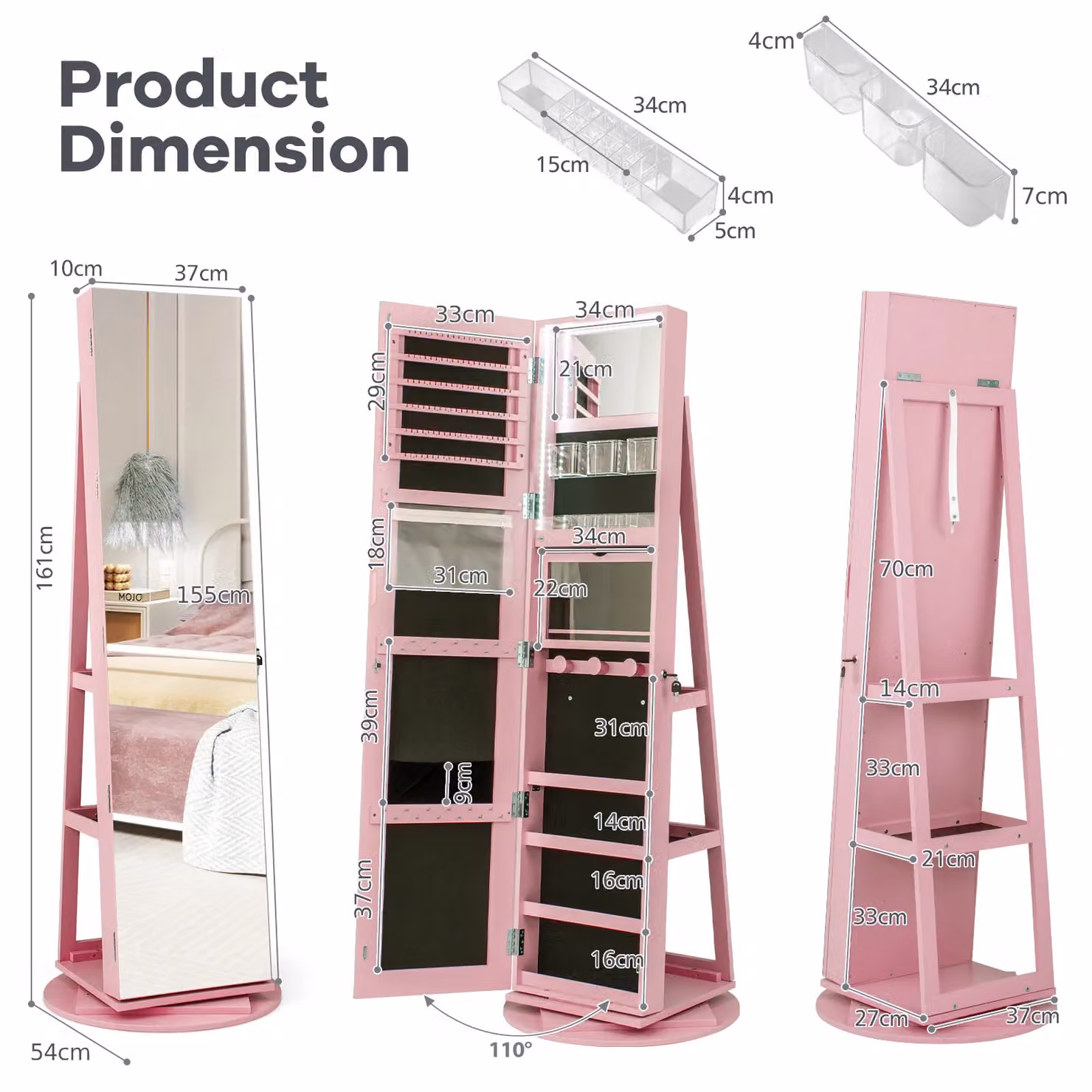 Costway 360 Rotating Standing Jewelry and Makeup Armoire with LED Lighting and Lock in Pink – 2