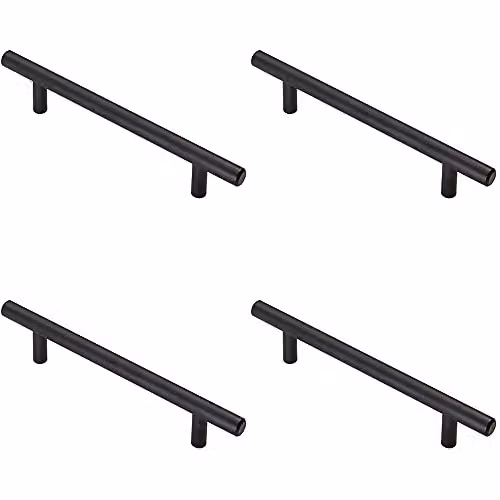 Loops 4 Pack T-Bar Metal Cupboard Pull Handles in Matt Black, W: 18.8 cm, D: 1.2 cm, Fixing Centres: 12.8 cm