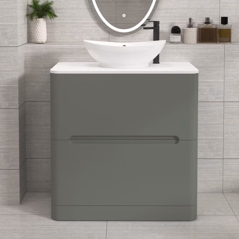 Royal Bathrooms Venice 800mm Sage Green Floor Standing 2 Drawer Vanity Unit with Plain White Worktop and Amaze Basin