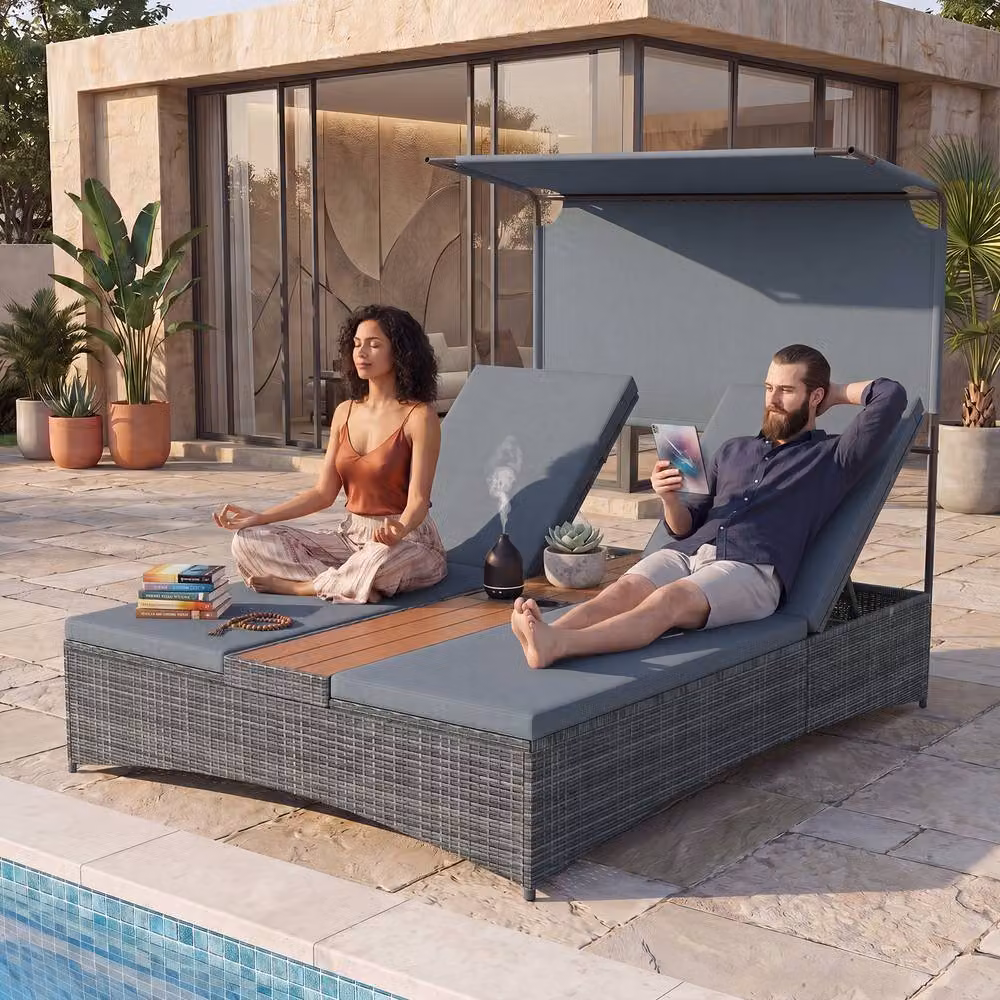 Costway 2-Person Grey Polyrattan Sun Lounger with Canopy, Central Table and Cup Holders – 4