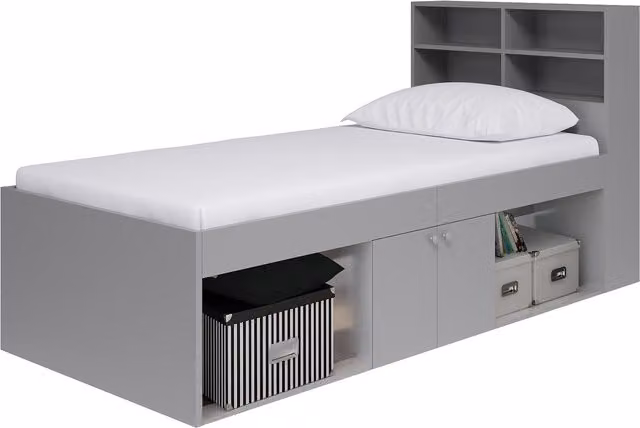 KIDSAW Grey Single Storage Bed with Bookcase, Headboard and Drawers, W/D/H: 90 x 190 cm
