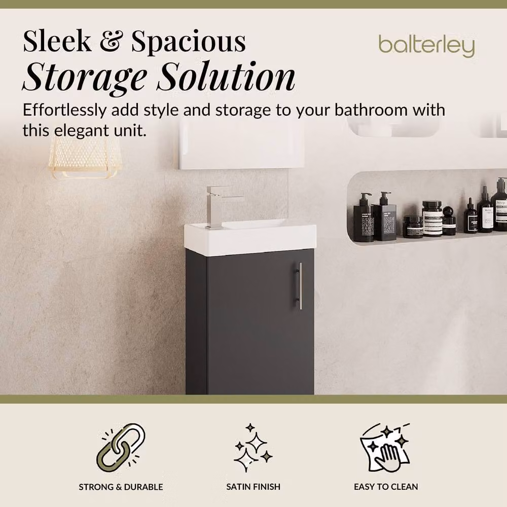 Balterley Saint Contemporary Gloss Grey Floor Standing Bathroom Vanity Unit with Rectangular Basin and Soft-Close Door W/D/H: 40.5 x 22.2 x 86.1 cm – 2