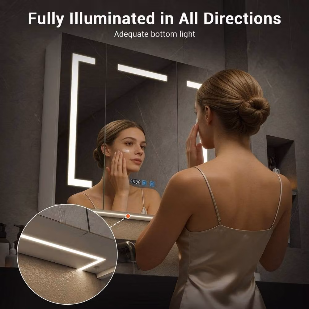 FORGEVIO Modern White 3-Door LED Bathroom Mirror Cabinet with Integrated Lighting and Internal Shelves – 4
