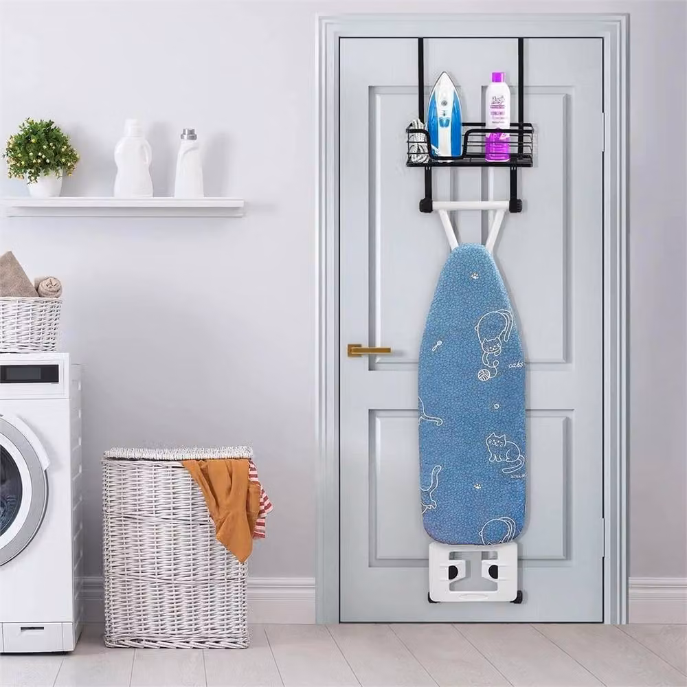 Nordara Black Wall or Over-Door Ironing Board Holder with Basket, Hooks and Shelf – 3